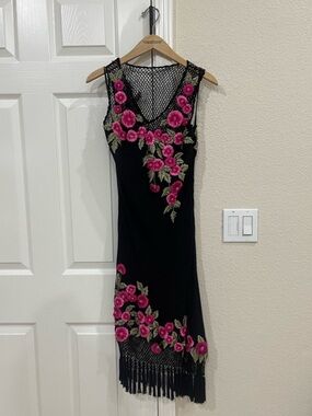 Sue Wong Pink Floral Embroidered Fringe Dress